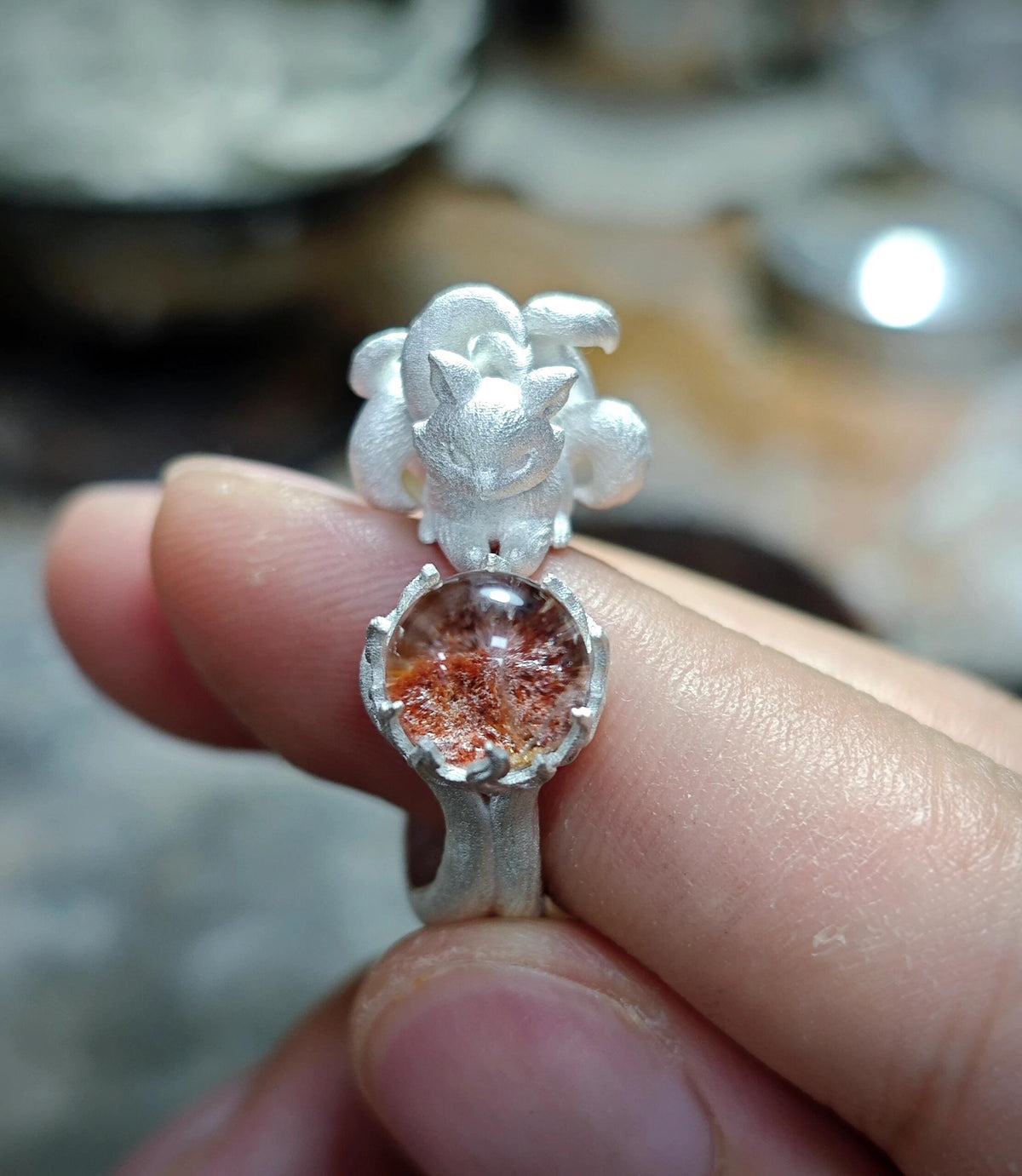 garden quartz nine tail fox ring