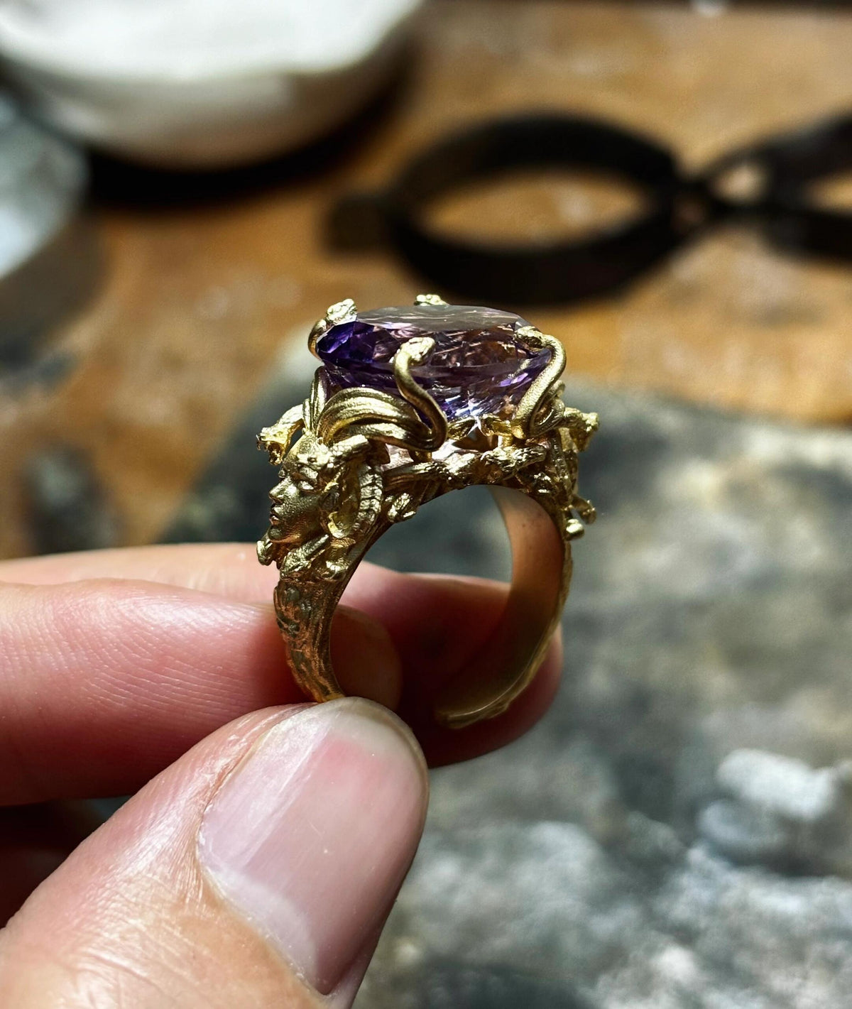Medusa ring with amethyst