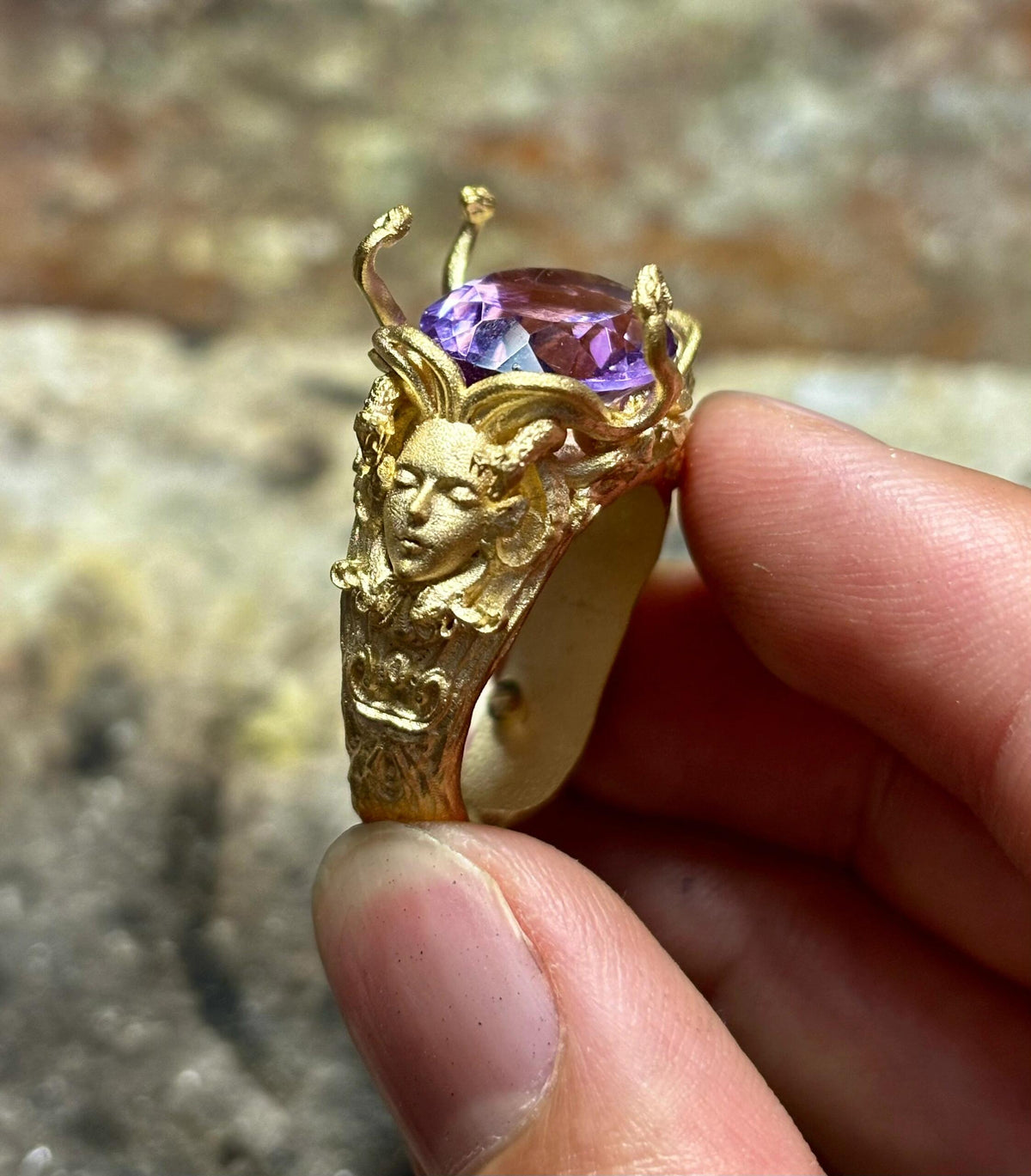 Medusa ring with amethyst