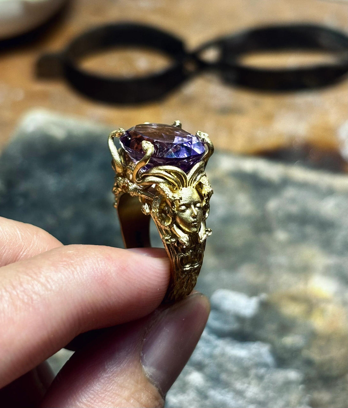 Medusa ring with amethyst
